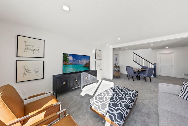4181 Arbor Dr, Woodbury, MN 55129 - living room with recessed lighting, carpet, and stairs