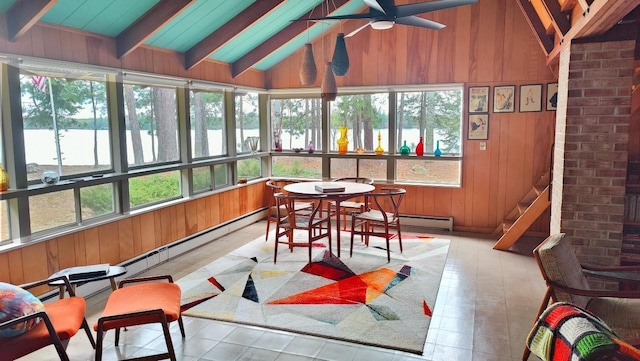 sunroom / solarium with wooden walls, a water view, lofted ceiling with beams, and a healthy amount of sunlight