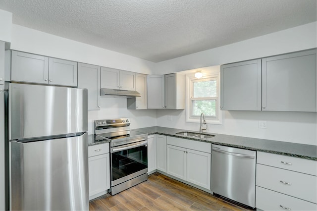 2401 Brookview Dr, Burnsville, MN 55337 - kitchen featuring stainless steel appliances, a sink, under cabinet range hood, a textured ceiling, and gray cabinets
