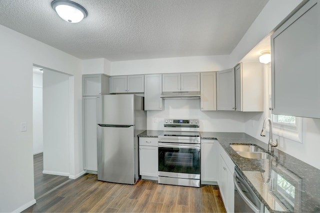 2401 Brookview Dr, Burnsville, MN 55337 - kitchen featuring appliances with stainless steel finishes, a sink, under cabinet range hood, dark stone counters, and gray cabinetry