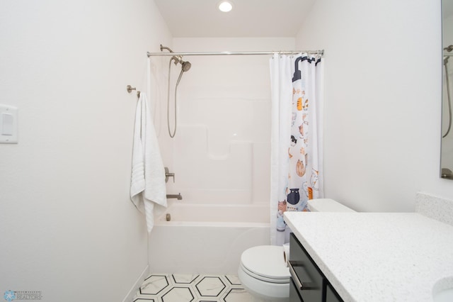 4964 Big Goose Ln S, Fargo, ND 58104 - bathroom featuring toilet, vanity, shower / bath combination with curtain, recessed lighting, and tile patterned flooring