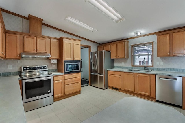 kitchen featuring vaulted ceiling, a sink, under cabinet range hood, ornamental molding, and stainless steel appliances