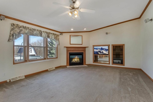 unfurnished living room with baseboards, carpet, and visible vents