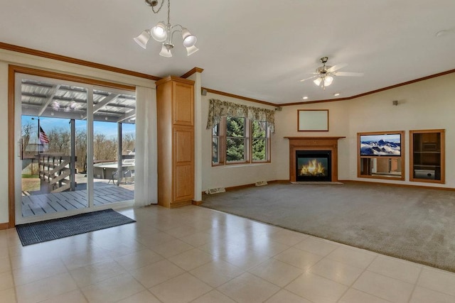 unfurnished living room with light colored carpet, ornamental molding, baseboards, and ceiling fan with notable chandelier