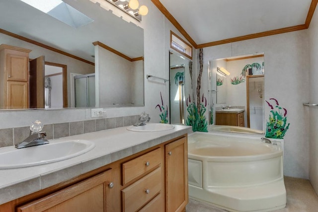full bath featuring double vanity, ornamental molding, a sink, and a bath