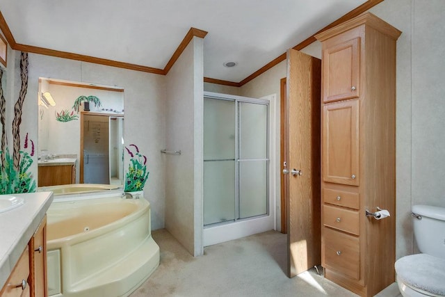 bathroom featuring vanity, ornamental molding, a stall shower, and a garden tub