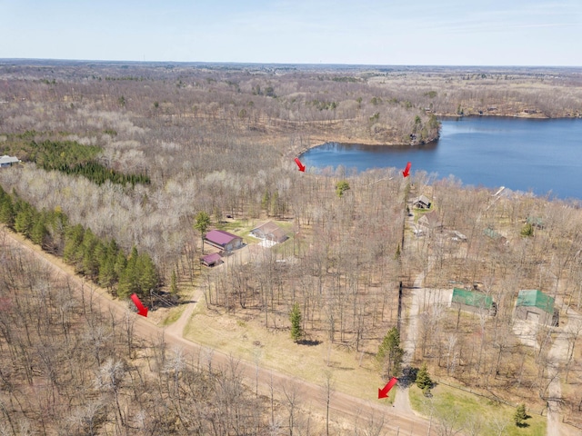 aerial view with a water view and a wooded view