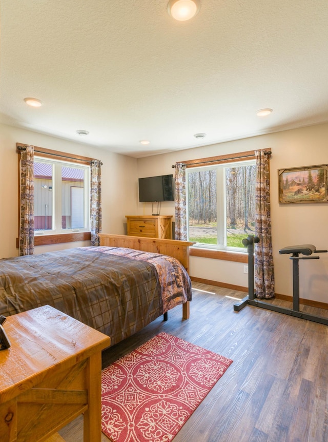 bedroom featuring wood finished floors, baseboards, and recessed lighting