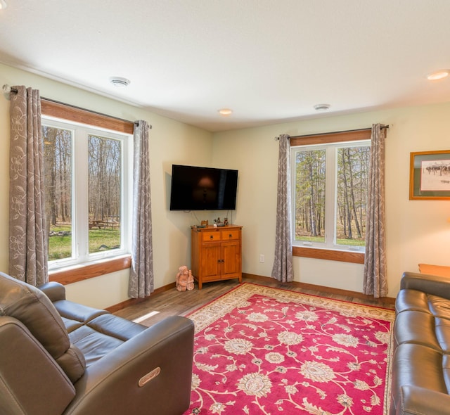 living area featuring plenty of natural light, wood finished floors, baseboards, and recessed lighting