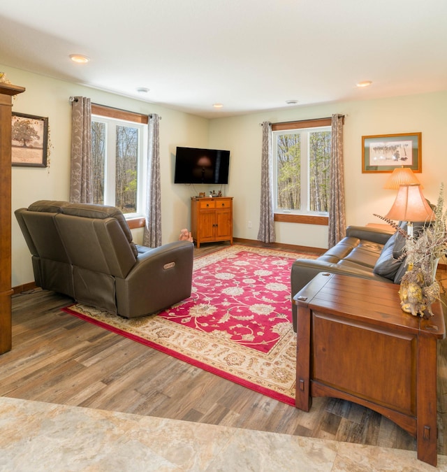 living room featuring wood finished floors, baseboards, and recessed lighting