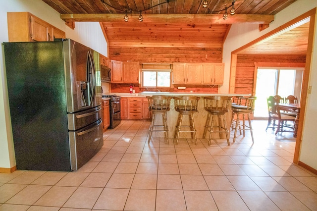 kitchen featuring wooden ceiling, rail lighting, stainless steel appliances, and wooden walls