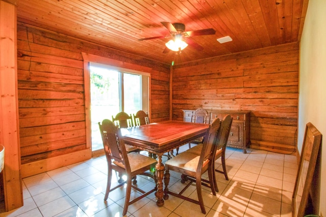 dining area with light tile patterned flooring, wooden ceiling, wooden walls, and a ceiling fan