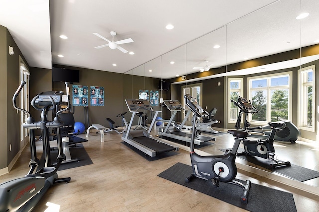 exercise room featuring recessed lighting, baseboards, and ceiling fan