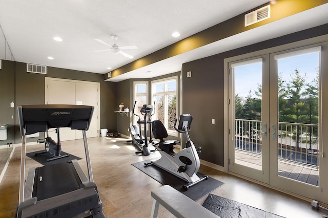 exercise room with recessed lighting, ceiling fan, visible vents, and french doors