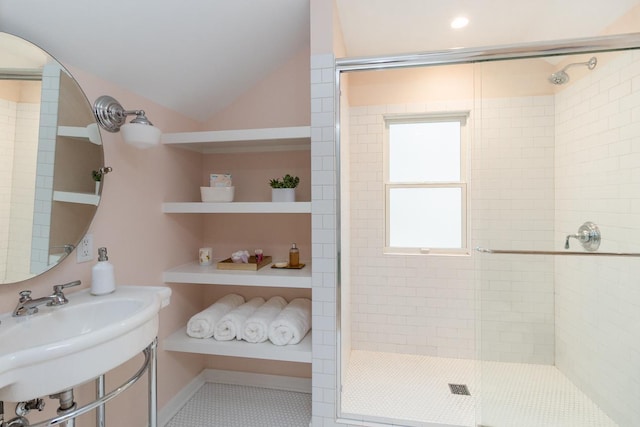 1677 Niles Ave, Saint Paul, MN 55116 - bathroom featuring a shower stall and lofted ceiling