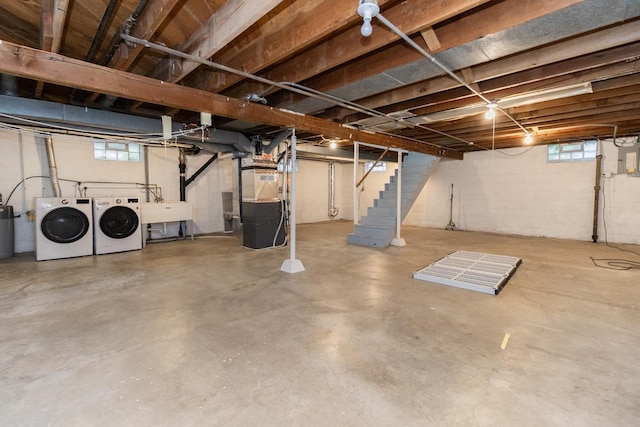 1677 Niles Ave, Saint Paul, MN 55116 - basement featuring independent washer and dryer, stairs, and heating unit