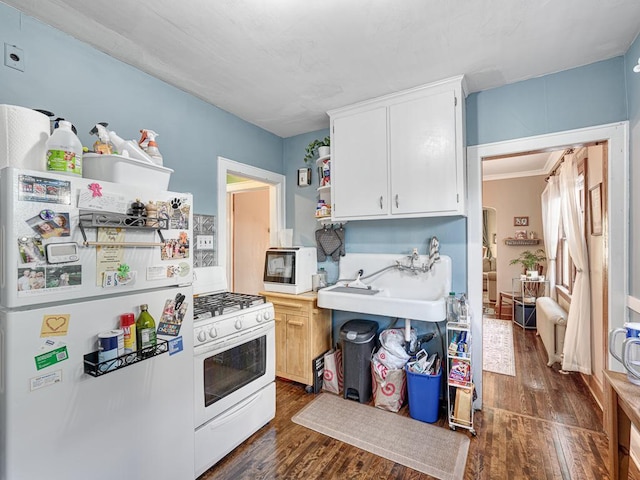 2100 Saint Clair Ave, Saint Paul, MN 55105 - kitchen with white appliances, dark wood-style floors, open shelves, and white cabinets