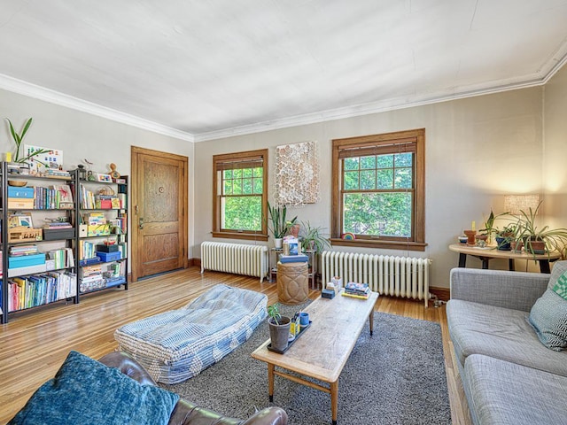2100 Saint Clair Ave, Saint Paul, MN 55105 - living room with radiator heating unit, ornamental molding, and wood finished floors