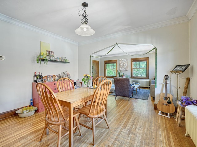 2100 Saint Clair Ave, Saint Paul, MN 55105 - dining space featuring light wood-style flooring, crown molding, and radiator heating unit