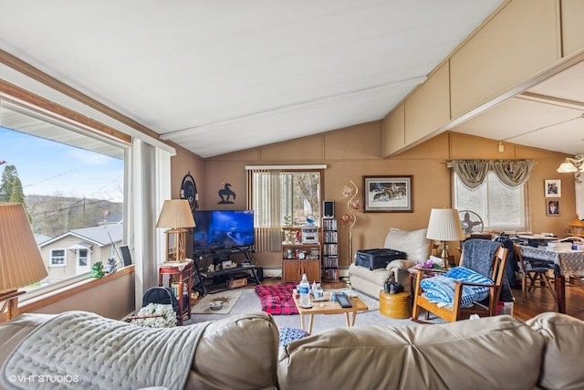 904 Washington St, Saint Croix Falls, WI 54024 - living room with wood finished floors, vaulted ceiling, and a wealth of natural light