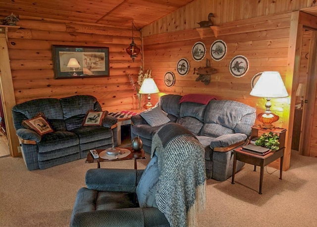 living room with carpet flooring, wood walls, vaulted ceiling, and wooden ceiling