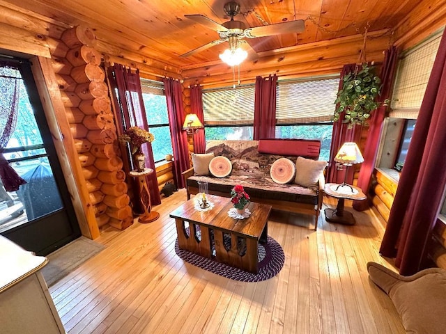living area featuring a ceiling fan, log walls, wood ceiling, and hardwood / wood-style flooring