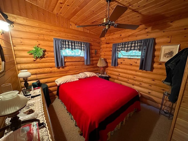bedroom featuring a ceiling fan, wooden ceiling, and log walls