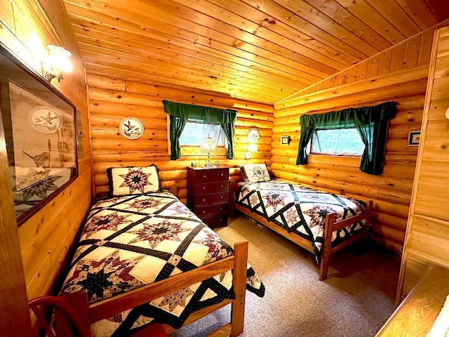 carpeted bedroom featuring wood ceiling, rustic walls, and vaulted ceiling