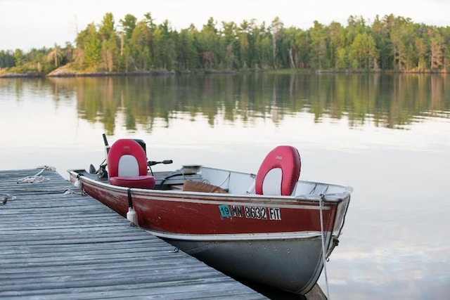 dock area with a water view and a wooded view