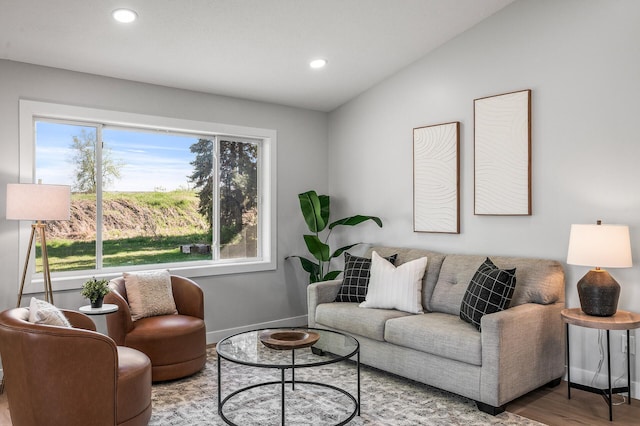 living room featuring baseboards, wood finished floors, and recessed lighting