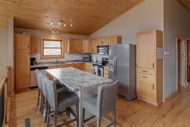 kitchen featuring wooden ceiling, appliances with stainless steel finishes, tasteful backsplash, and a sink