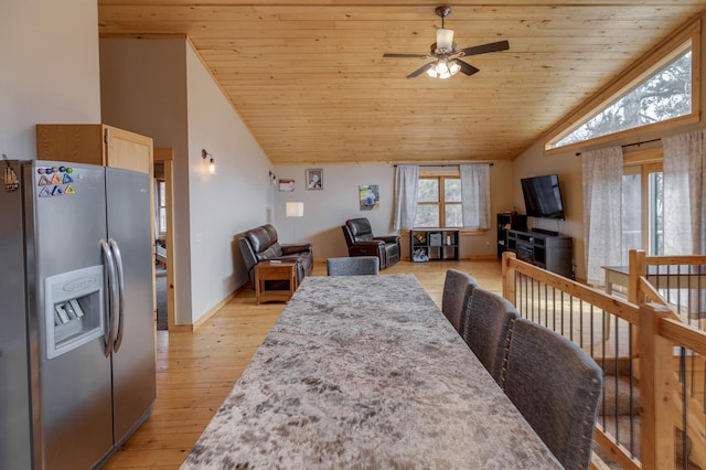 dining area featuring vaulted ceiling, ceiling fan, wooden ceiling, and light wood finished floors