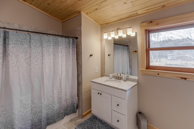 full bath with crown molding, curtained shower, wood ceiling, and vanity