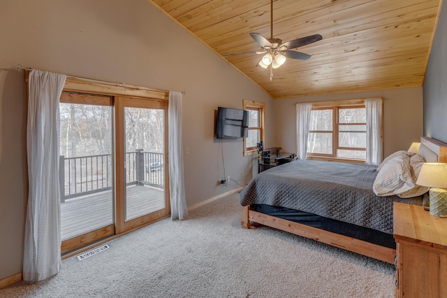 bedroom featuring carpet flooring, access to exterior, baseboards, wooden ceiling, and vaulted ceiling