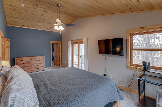 carpeted bedroom with lofted ceiling, a ceiling fan, wooden ceiling, and access to exterior