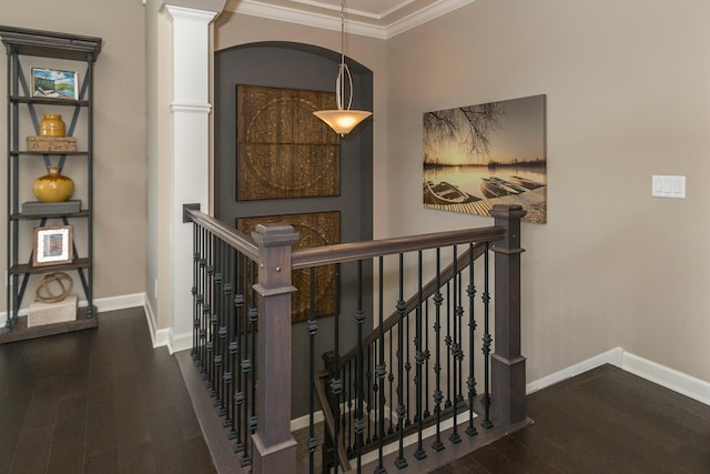 14897 144th Ave N, Dayton, MN 55327 - staircase with crown molding, wood finished floors, baseboards, and ornate columns