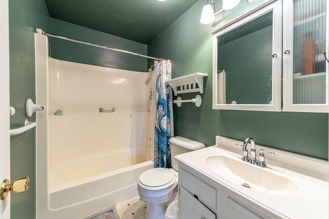 bathroom featuring toilet, shower / tub combo, and vanity