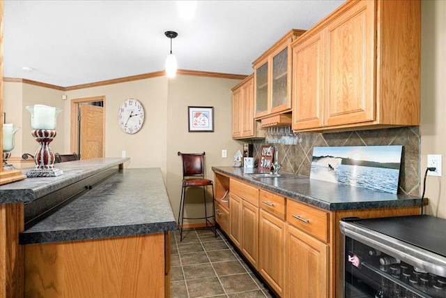 2222 White Oak Ct, Hudson, WI 54016 - kitchen with decorative backsplash, dark countertops, crown molding, glass insert cabinets, and a peninsula