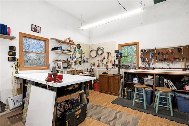 2222 White Oak Ct, Hudson, WI 54016 - kitchen with wood finished floors, a towering ceiling, and open shelves