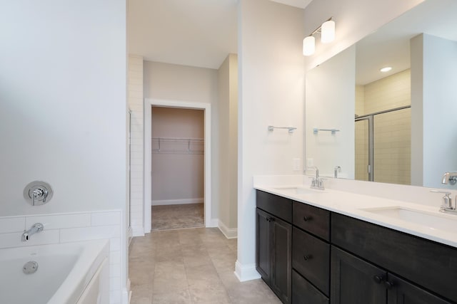 full bath with a sink, a walk in closet, a shower stall, and double vanity