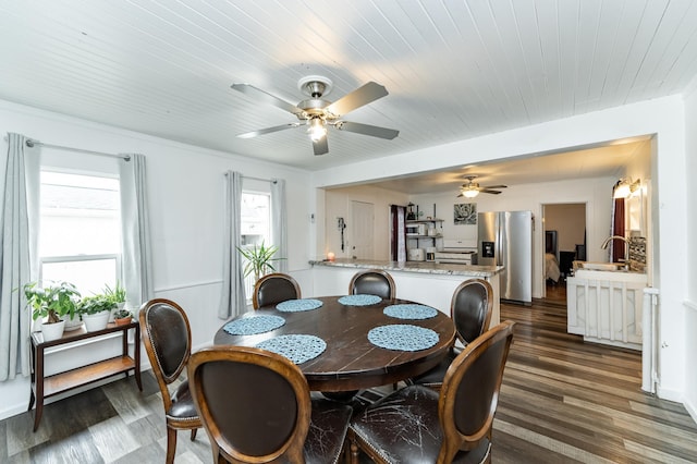 15 2nd St SE, Dodge Center, MN 55927 - dining space with wooden ceiling, dark wood-style flooring, and a ceiling fan