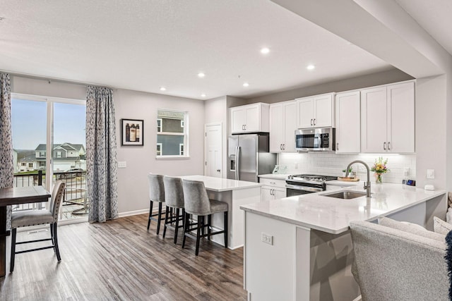 kitchen featuring stainless steel appliances, a sink, a kitchen breakfast bar, wood finished floors, and decorative backsplash