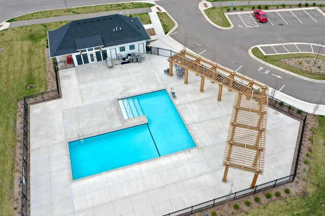 view from above of property with a pool