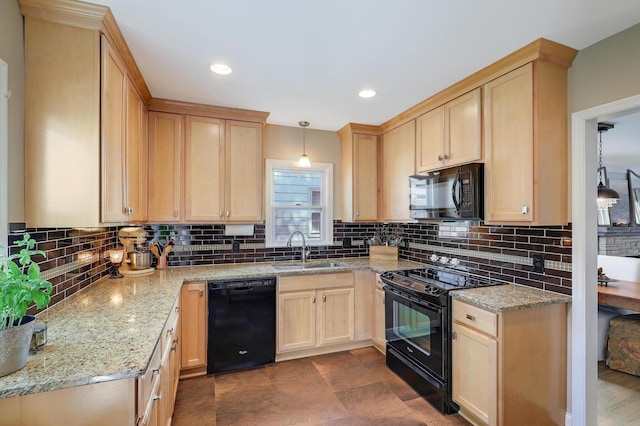 2102 Pinehurst Ave, Saint Paul, MN 55116 - kitchen featuring black appliances, light brown cabinets, a sink, and recessed lighting
