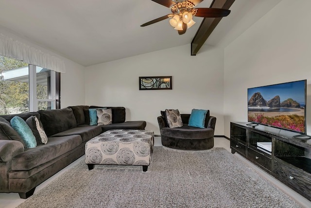 carpeted living room with ceiling fan and vaulted ceiling with beams