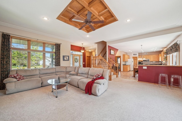 2374 Thrush St, Shakopee, MN 55379 - living room with stairs, recessed lighting, ornamental molding, light colored carpet, and ceiling fan