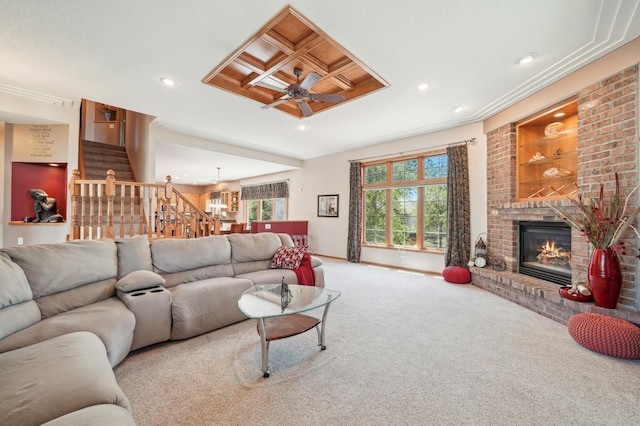 2374 Thrush St, Shakopee, MN 55379 - living area featuring carpet flooring, a brick fireplace, recessed lighting, a ceiling fan, and baseboards