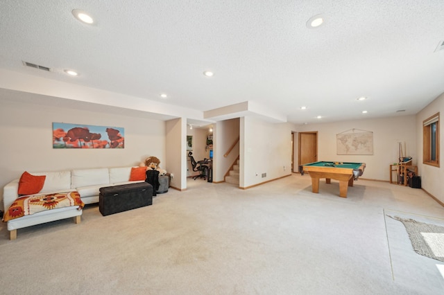 2374 Thrush St, Shakopee, MN 55379 - game room featuring carpet floors, pool table, recessed lighting, baseboards, and a textured ceiling