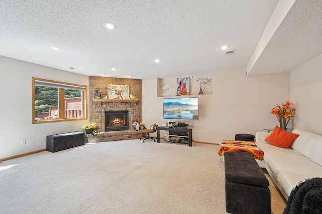 2374 Thrush St, Shakopee, MN 55379 - carpeted living area with a textured ceiling, baseboards, a brick fireplace, and recessed lighting