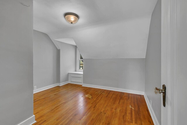 additional living space with lofted ceiling, wood-type flooring, and baseboards